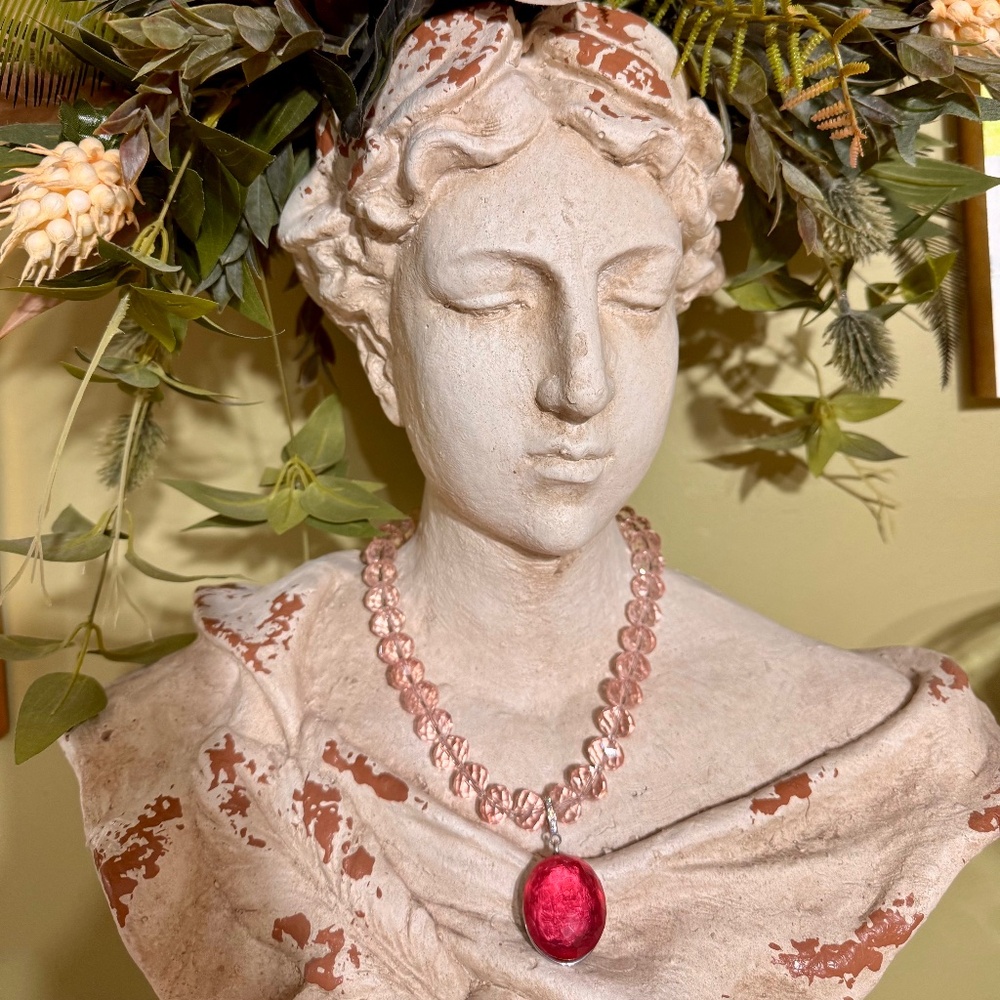 Rockstar in Rome pink chandelier crystal clear necklace with watermelon pendant